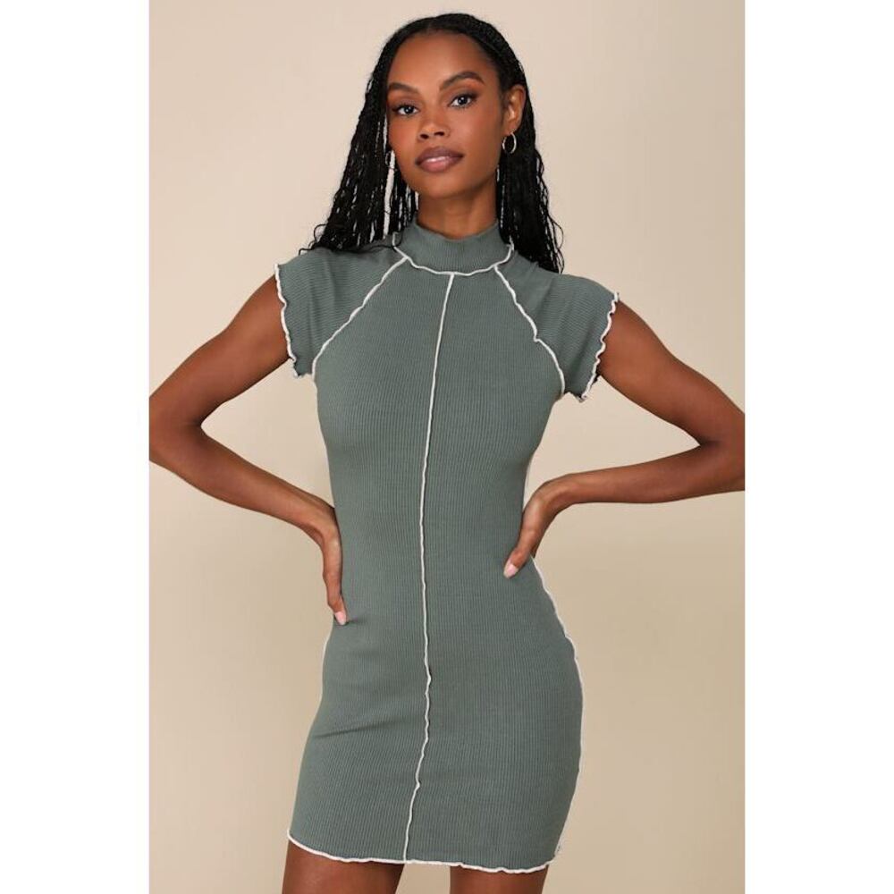 Lulus Cool Vibe Olive Green Ribbed Short Sleeve Mock Neck Mini Dress - Size L